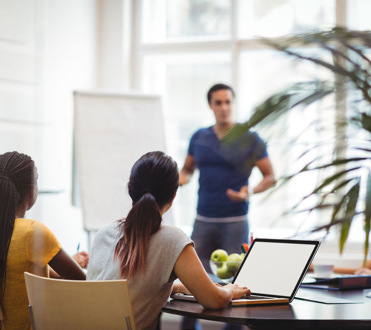 Business executives using laptop