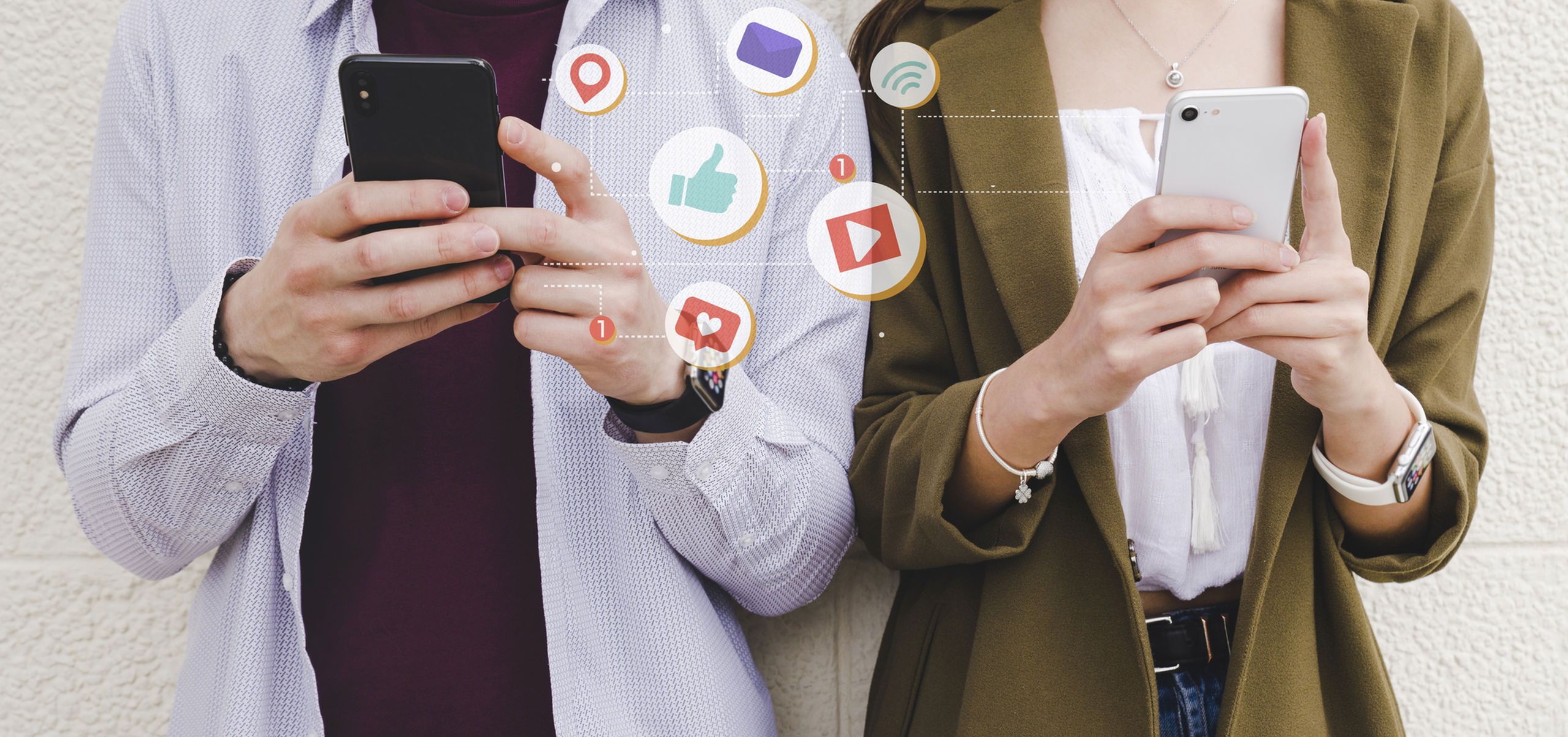 Mobile notification icons man woman using cell phone