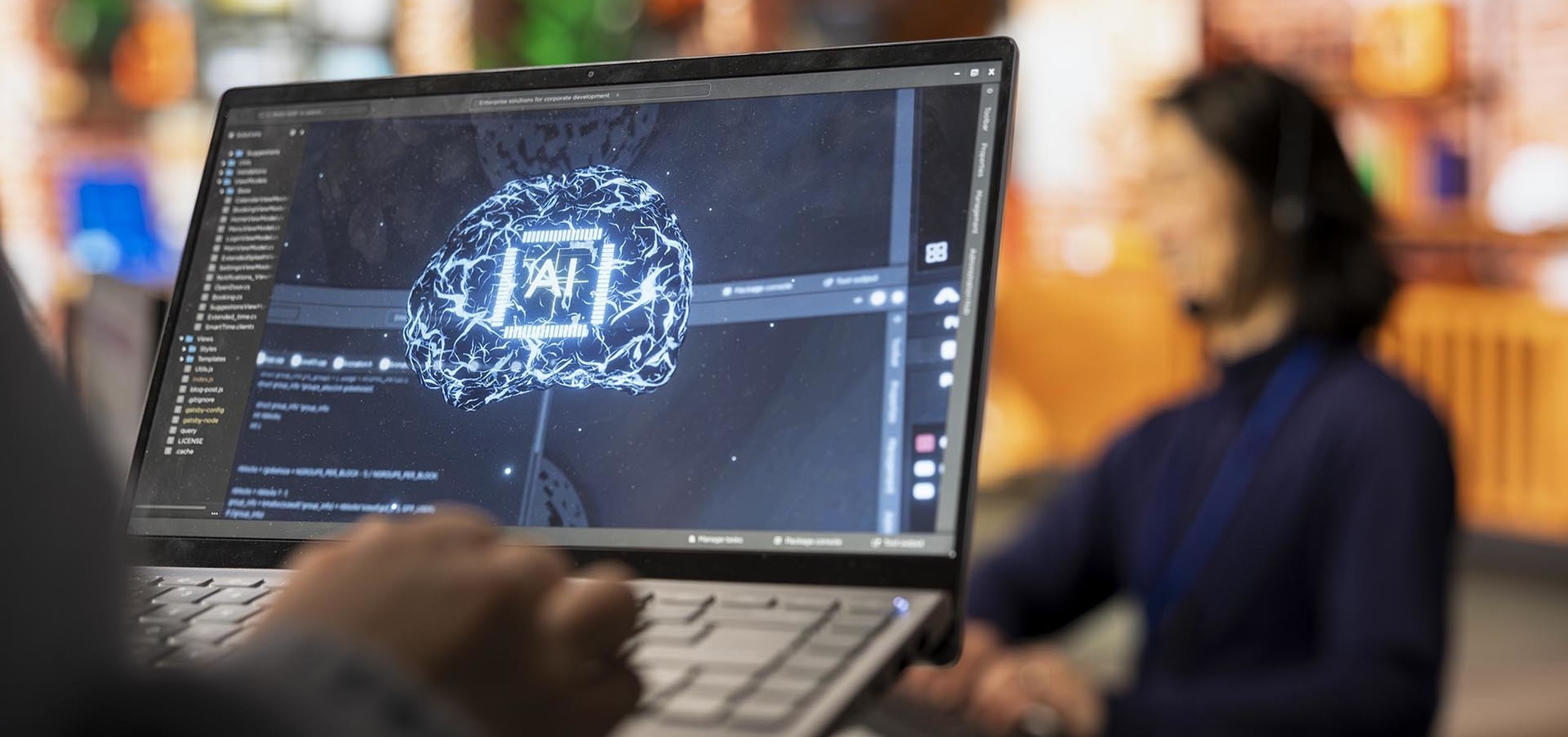 Call center worker using ai tech laptop reply customers closeup Cropped