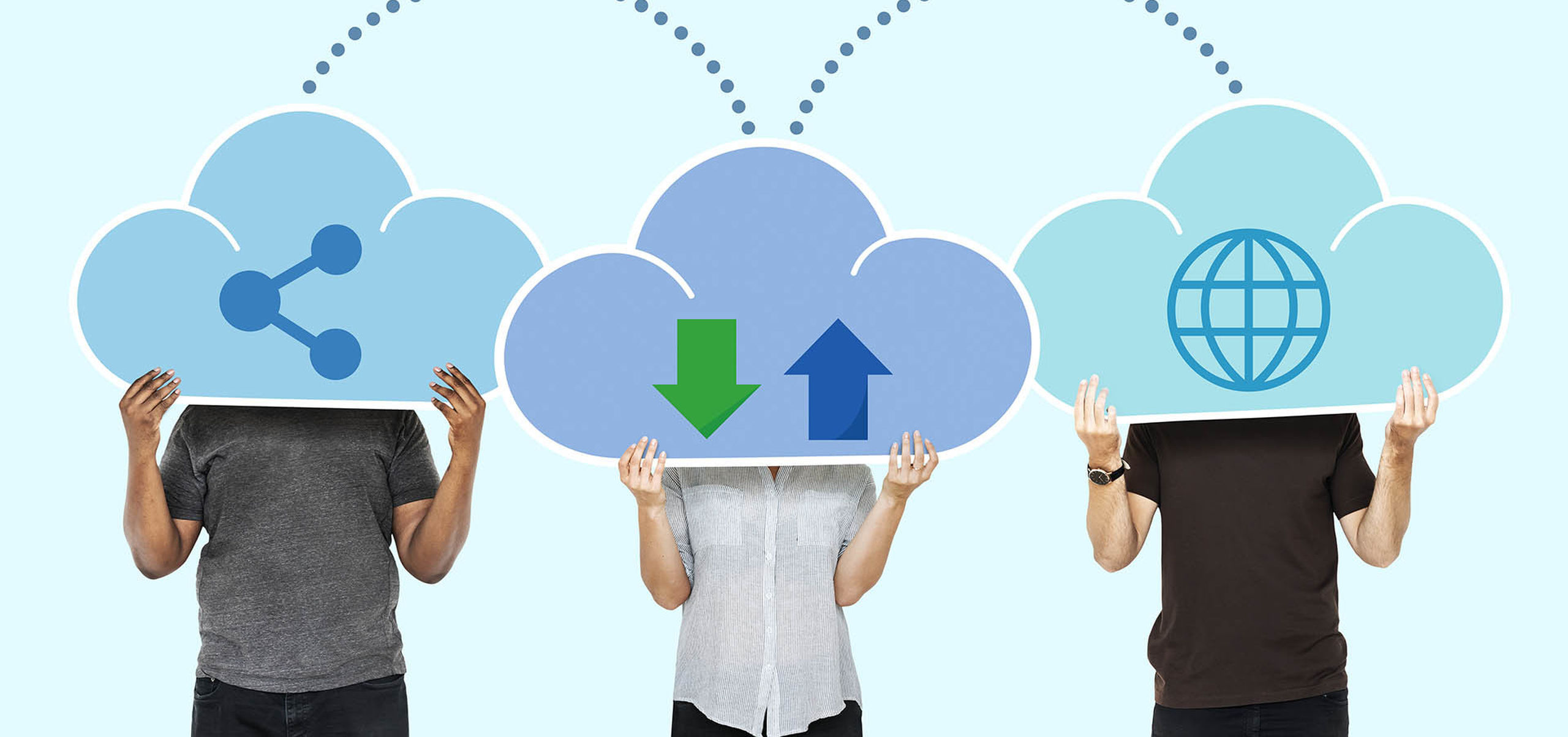 People with cloud network storage symbols Cropped