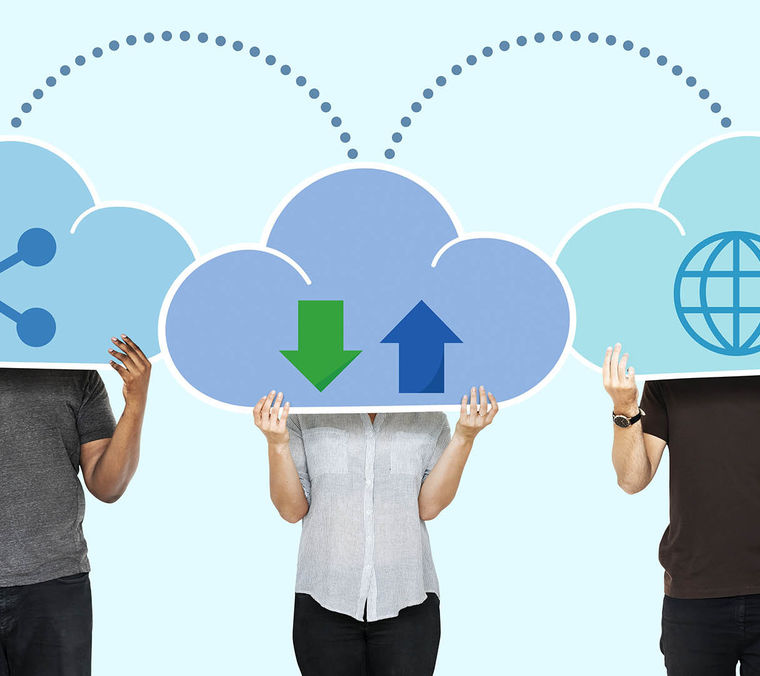 People with cloud network storage symbols Cropped