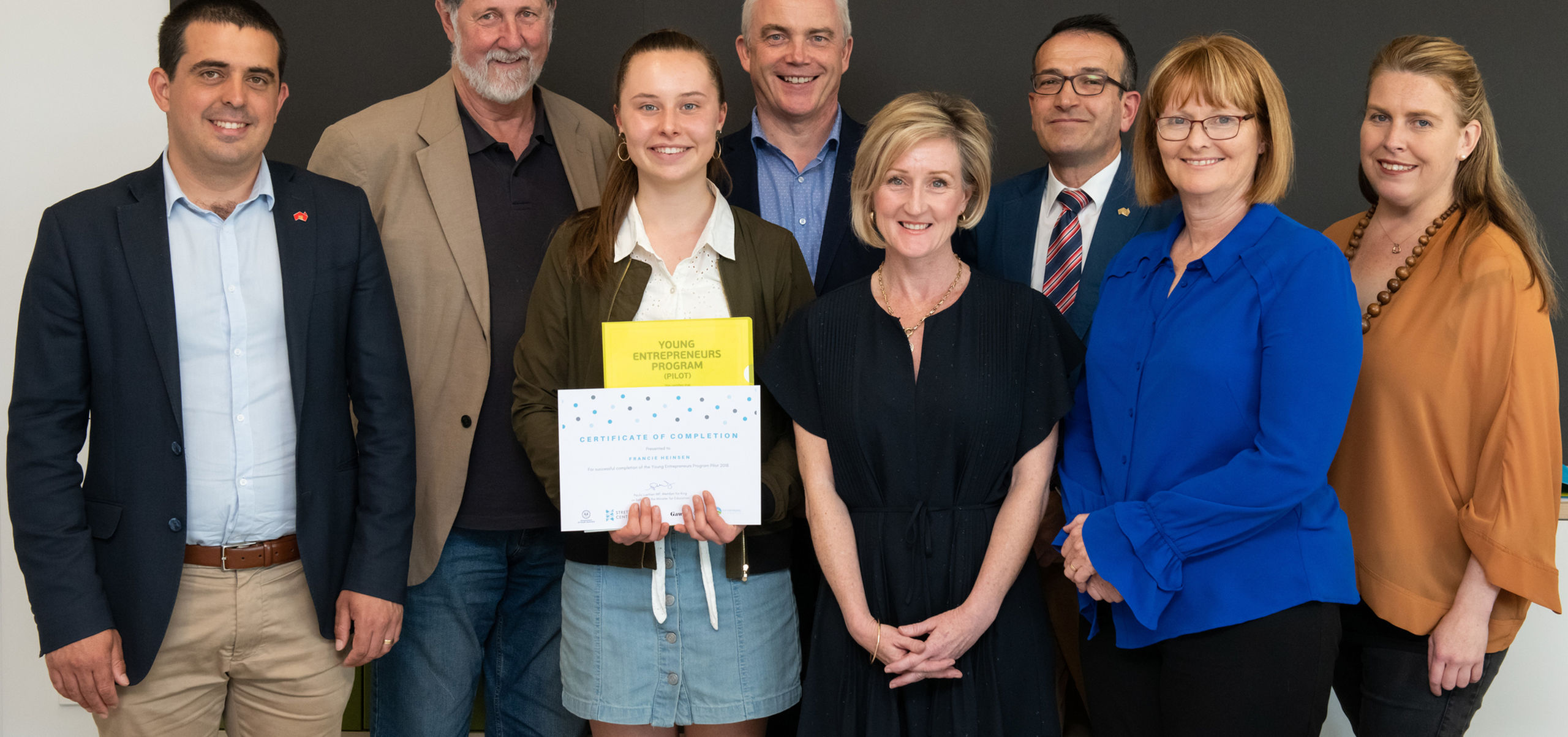 Pictured from left to right: Richard Harvey MP, Member for Newland, Frank Wyatt, Enterprising Partnerships, Francie, YEPP Participant and winner for best business idea, Dermot Cussen, Stretton Centre, Paula Luethen MP, Member for King, Tony Piccolo MP, Member for Light, Mayor Karen Redman Town of Gawler and Anneliese Powell from Business SA.